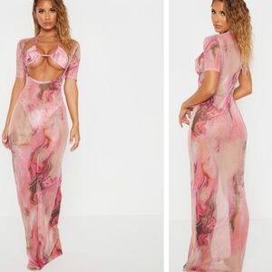 Pretty Little Thing Pink/Acid Scoop Mesh Maxi Dress NWT Size 0